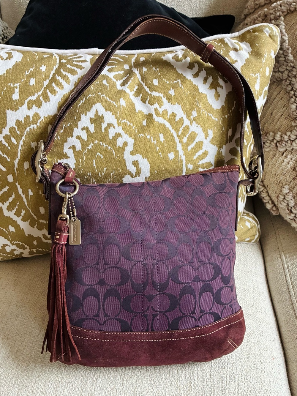 Coach Vintage Signature Jacquard Suede Shoulder Bag, Purple / Wine, 9362, Y2K